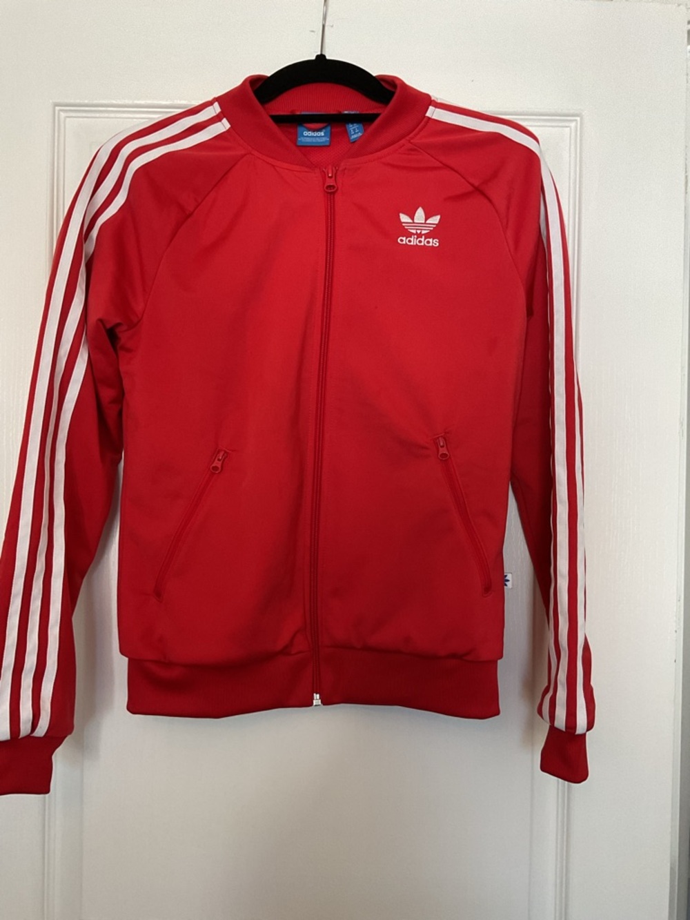 adidas Red Track Jacket with White 3-Stripes.